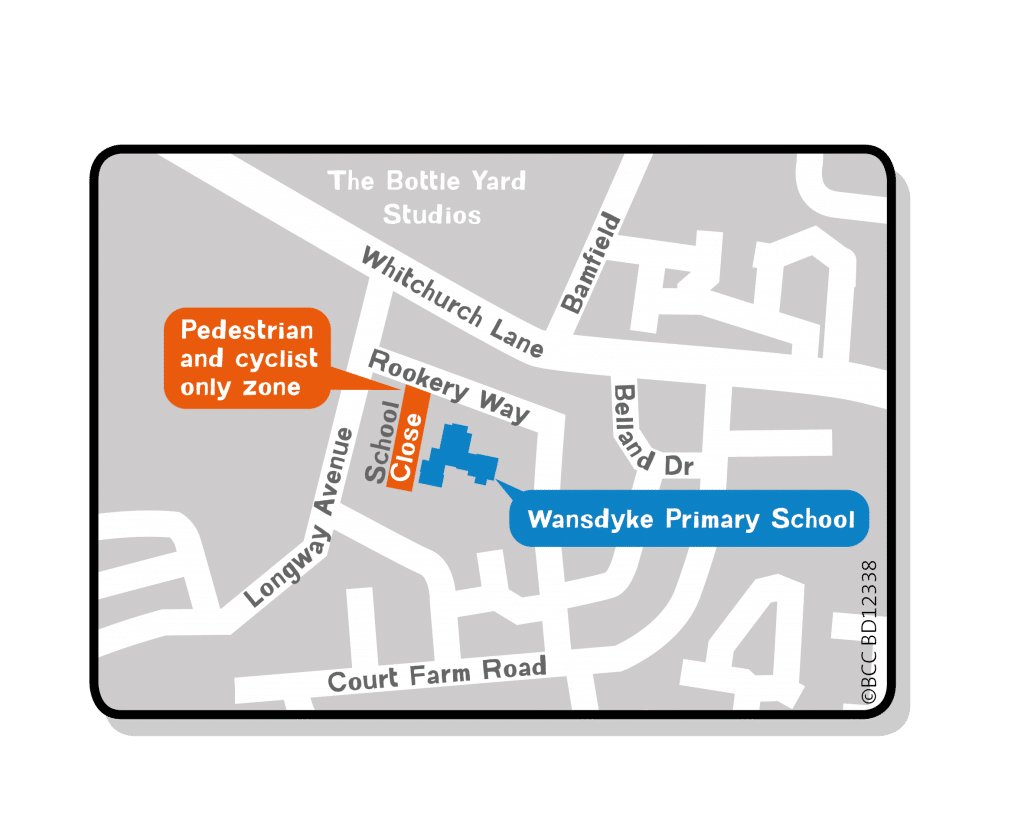 Wansdyke School Streets map showing the Pedestrian and Cycle only zone