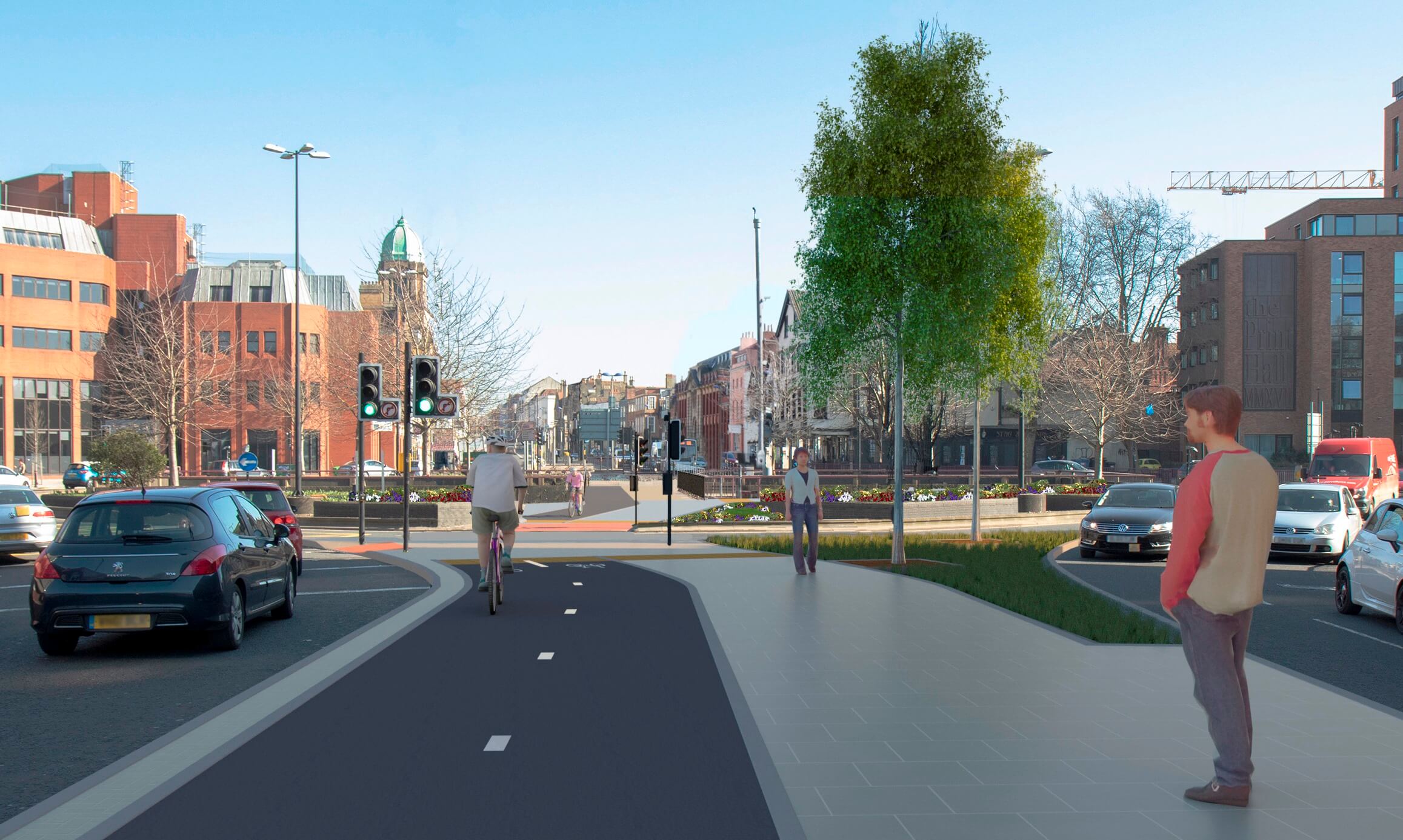 Old Market Cycle Safety Project - CGI visualisation entering from Castle Park