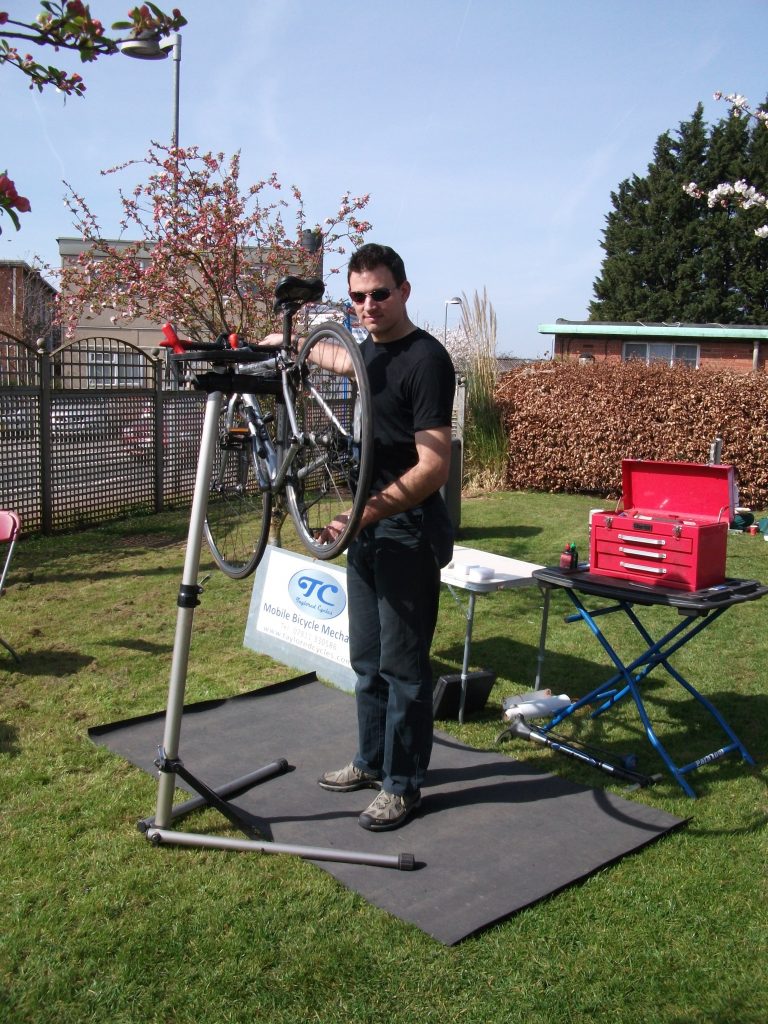 Bike servicing is done on the spot, the technician will bring a folding bike stand so they can easily service your bike.