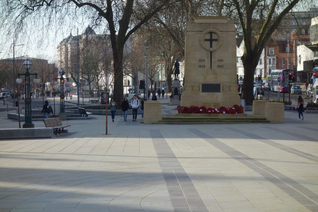 Bristol city centre after metrobus construction work - people walking near the cenotaph
