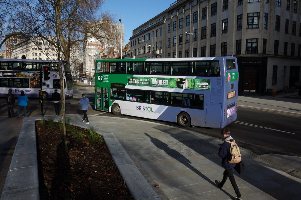 Bristol city centre after metrobus construction work bus passing