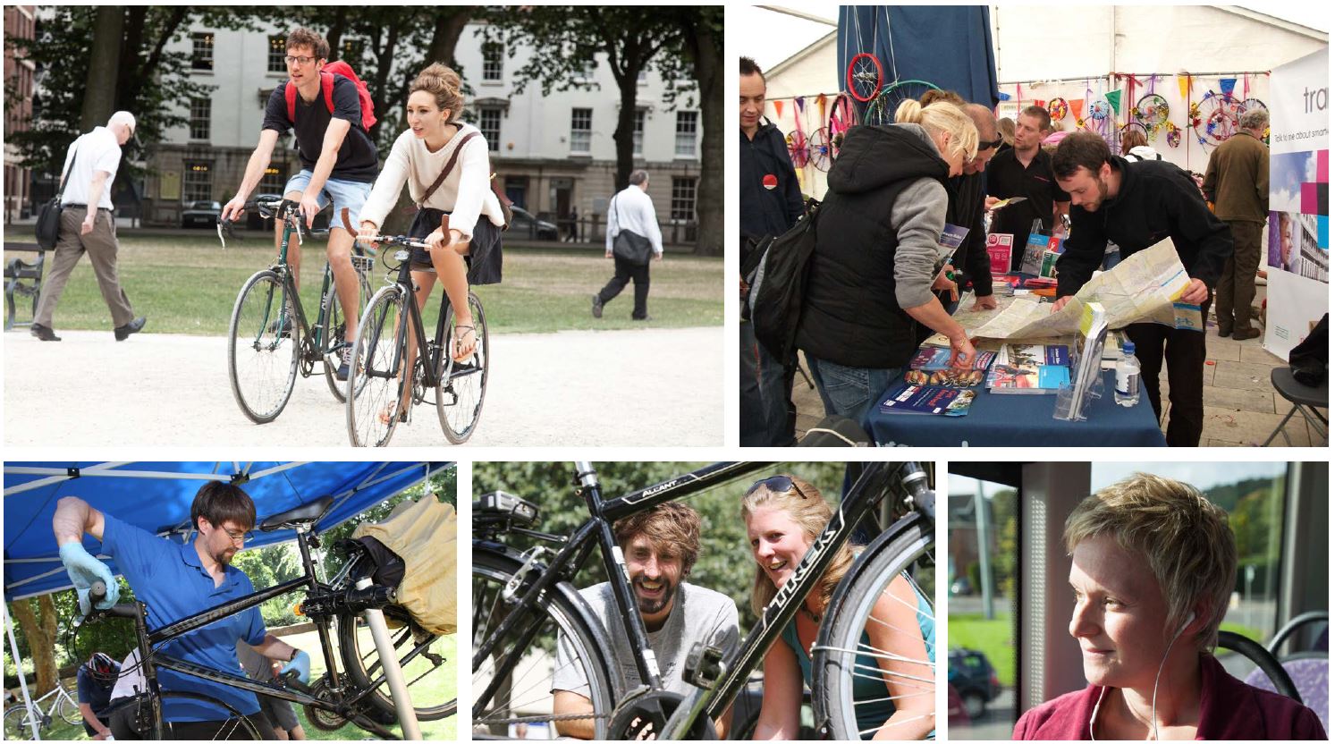 Previous campaigns used photos of people cycling, engaging in discussion over a map, checking their bikes, on the bus...