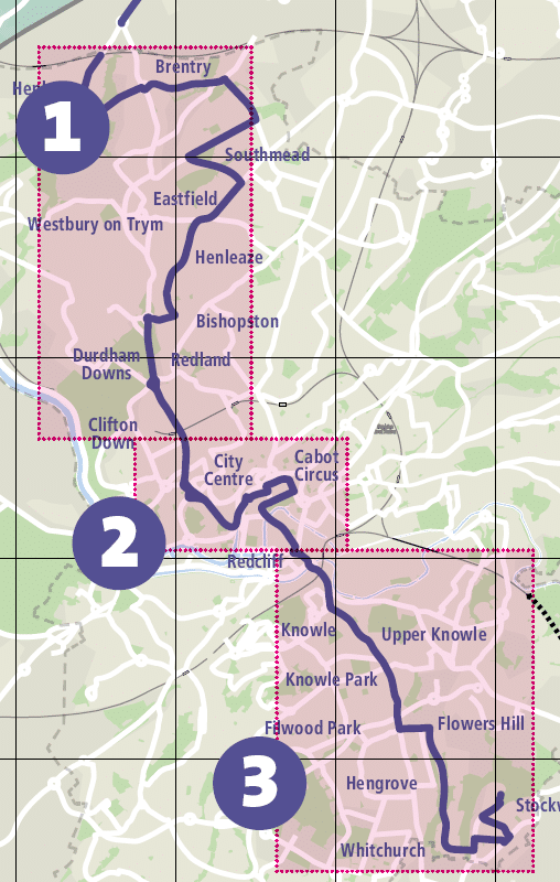 Map of the sections. North section (1): starts at the Sough Gloucestershire boundary on Station Road, goes along Knole Road to Southmead Road, onto Henleaze Road, over the Downs and onto Whiteladies Road by Tyndall's Park Road. Central section (2): Starts at the bottom of Whiteladies Road, goes down Park Street, through Cabot Circus, over Bristol Bridge, along Victoria Street, past Temple Meads and onto Bath Bridges. South section (3): Starts at the Three Lamps junction on A37 and follows the Wells Road through Knowle, past Airport Road, onto West Town Lane and into Sturminster Road.