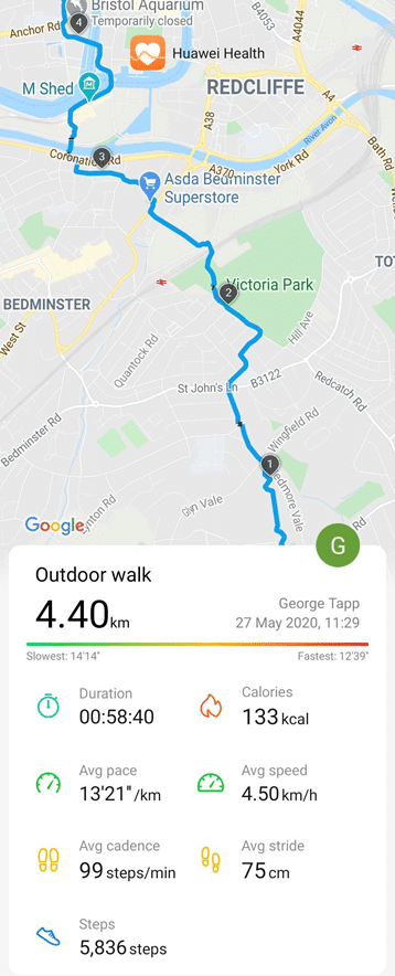 Screenshot of the route taken showing on a map and details of the walk such as distance (4.40km), duration (58:40), calories burned (133), average pace (13'21" /km), average speed (4.50km/h),average cadence (99 steps/min), average stride (75cm), steps (5,836)