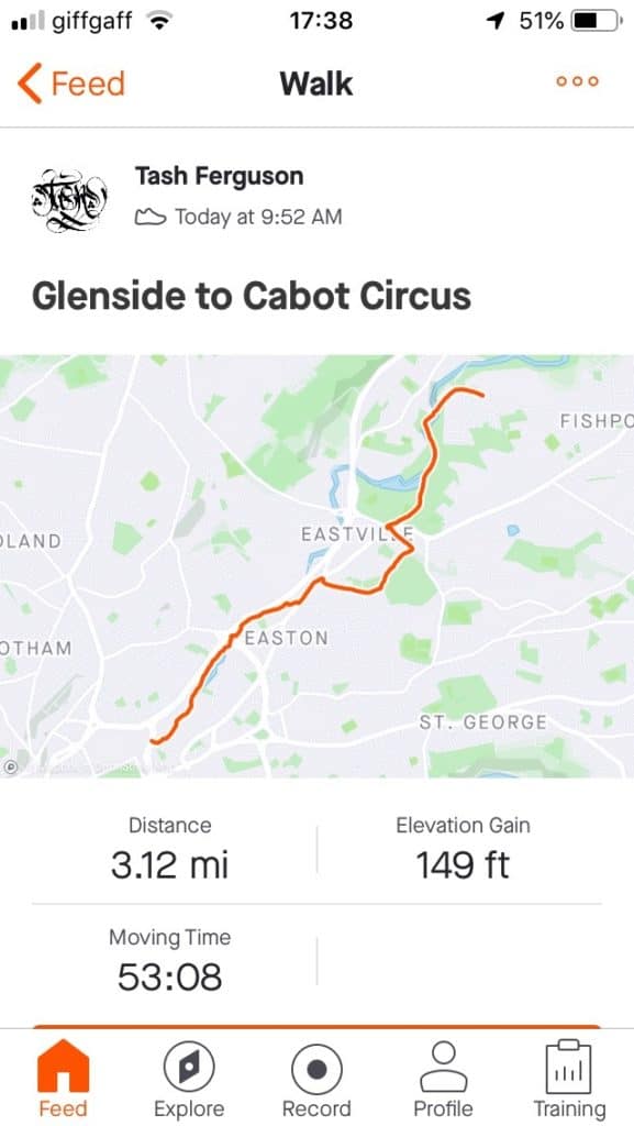 Mobile screenshot of a map showing the route taken. Glenside to Cabot Circus by Tash Ferguson. There's details of Distance (3.12mi), Elevation Gain (149ft) and Moving time (53:08)