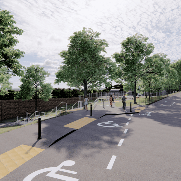 Ashley Down Station 3D rendering showing disabled parking, pavement and road. Lots of green trees are spread out across.