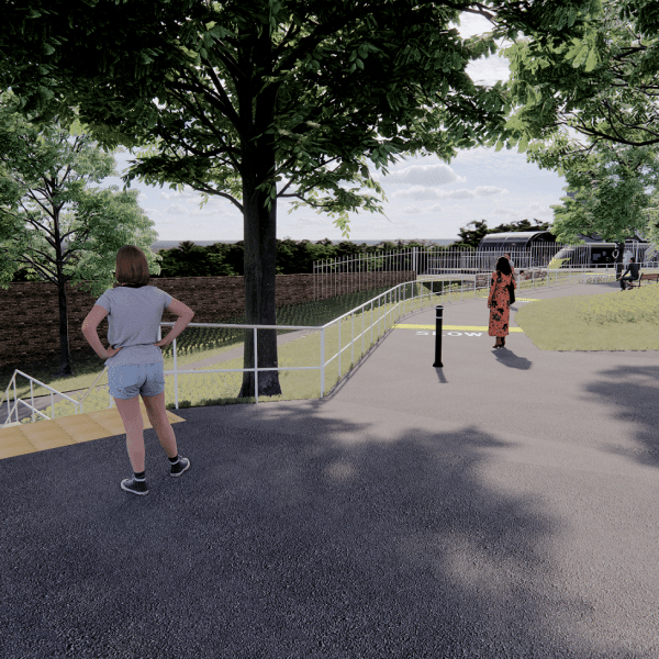 Ashley Down Station 3d illustration showing people walking and standing on a shared path with big green trees casting a shadow over it.