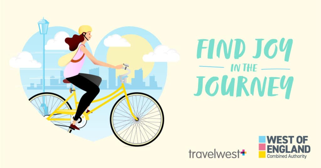 Illustration of woman with rucksack on bicycle, there's a city landscape in the background. Big text next to the illustration reads: Find joy in the journey.