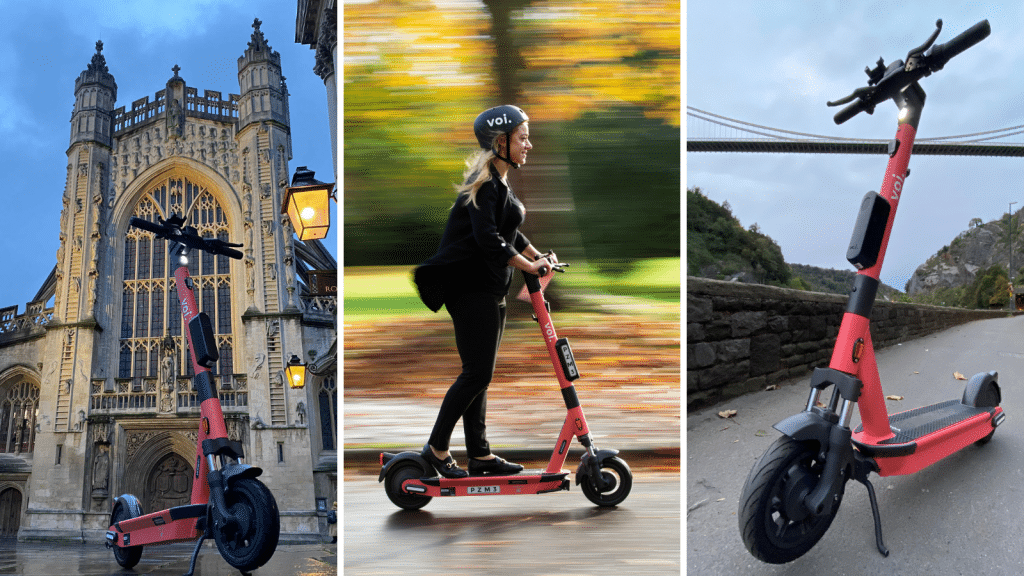 E-scooter collage of three photos. First image shows an e-scooter parked in front of Bath's Abby. Middle image shows a woman riding an e-scooter with a voi helmet on. Final image shows an e-scooter parked on the Portway with the Bristol suspension bridge in the background.