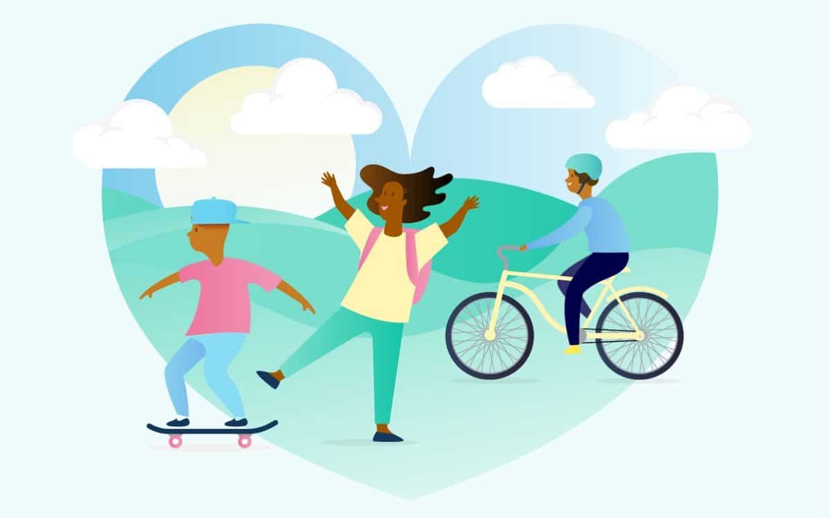 Find joy in the journey children skating, jumping and cycling
