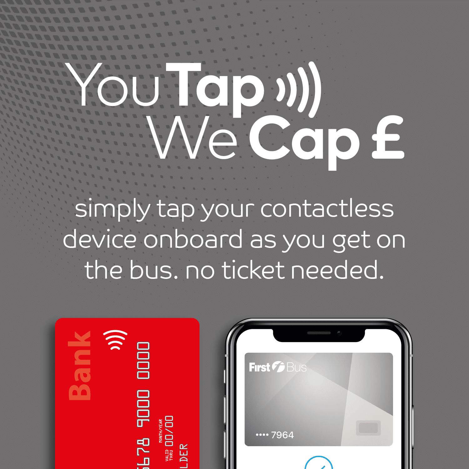 You Tap We Cap. simply tap your contactless device onboard as you get on the bus. no ticket needed.