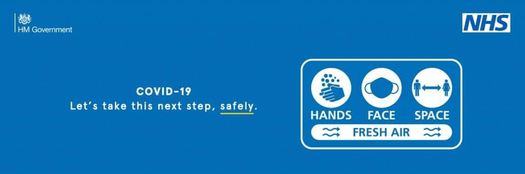 COVID-19. Let's take this next step, safely. Hands. Face. Space. Fresh Air.