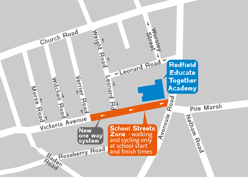 Redfield School Streets map showing the pedestrian and cycle only zone and the new one way system