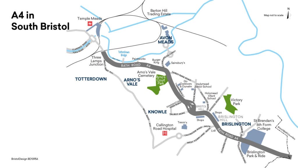 Map showing the section of the A4 in South Bristol. Details of the route can be found within the content.