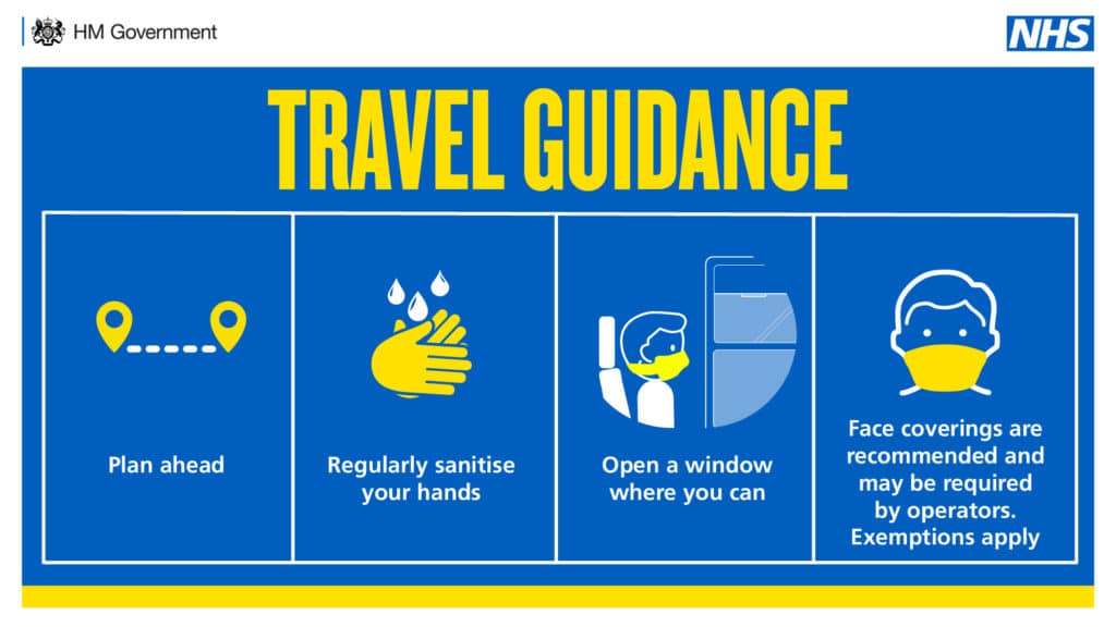 Travel guidance. Plan ahead. Regularly sanitise your hands. Open a window where you can. Face coverings are recommended and may be required by operators. Exemptions apply