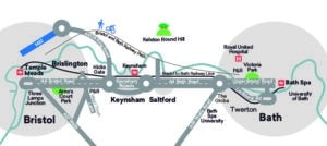 Illustration showing the A4 Bristol to Bath road from Bristol Temple Meads rail station, via Three Lamps Junction, Arno’s Court Park, Brislington Park & ride, Hicks Gate, Keynsham Bypass, Keynsham rail station, Saltford, The Globe, Newbridge Park & Ride, Victoria Park and Bath Spa rail station. The map also shows connections to A37 Wells Road, West Town Lane, A4174 Ring Road and M32, Bristol and Bath Railway Path and Kelston Round Hill, A39 Wells Road and Bath Span University, Lower Bristol Road and Twerton, Royal United Hospital and University of Bath.
