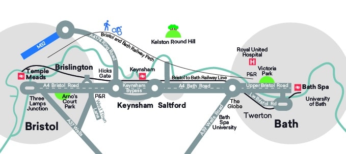 Illustration showing the A4 Bristol to Bath road from Bristol Temple Meads rail station, via Three Lamps Junction, Arno’s Court Park, Brislington Park & ride, Hicks Gate, Keynsham Bypass, Keynsham rail station, Saltford, The Globe, Newbridge Park & Ride, Victoria Park and Bath Spa rail station. The map also shows connections to A37 Wells Road, West Town Lane, A4174 Ring Road and M32, Bristol and Bath Railway Path and Kelston Round Hill, A39 Wells Road and Bath Span University, Lower Bristol Road and Twerton, Royal United Hospital and University of Bath.