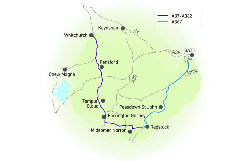 Map showing the A37/A362 passing through Whitchurch, Pensford, Temple Cloud, Farrington Gurney and Midsomer Norton, then connecting to the A367 which passes through Radstock, Peasdown St John and Bath.