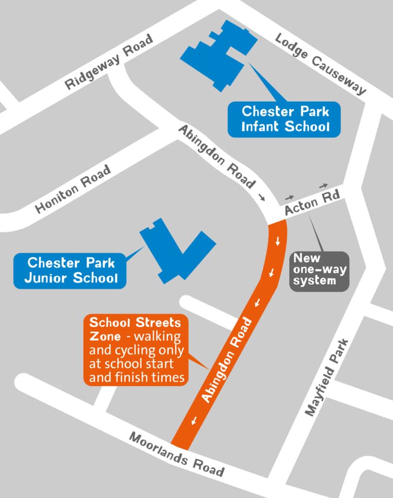 Map showing that the School Streets Zone will be in place on Abingdon Road, from its junction with Acton Road to its junction with Moorlands Road. A new one-way system will also be in place on Acton Road giving access to motorised vehicles from Abingdon Road to Mayfield Park direction.