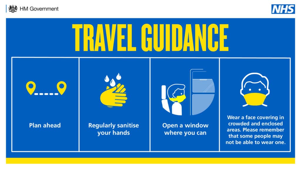 Travel guidance. Plan ahead. Regularly sanitise your hands. Open a window where you can. Wear a face covering in crowded and enclosed areas. Please remember that some people may not be able to wear one.