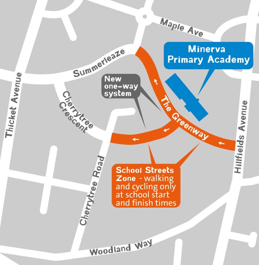 Map showing that School Streets zone will be in place on The Greenway. A new one-way system will be place giving access to the Greenway from Hillfields Avenue only.