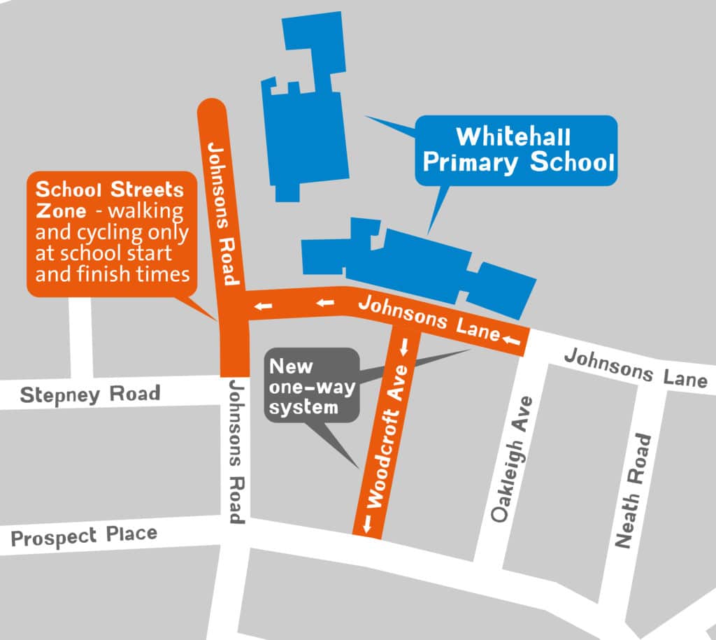 Map showing School Streets in place on Johnsons Lane, Woodcroft Avenue and Johnsons Road. A new one way system to be in place on Johnsons Lane and Woodcroft Avenue with access from Johnsons Lane only.