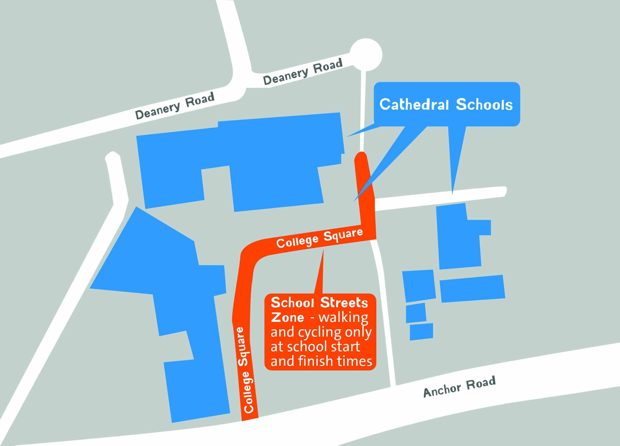Map of Cathedral Schools and surrounding roads showing College Square as the School Streets Zone where only walking and cycling are allowed at school start and finish times.