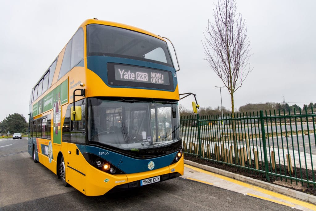 Park & Ride bus at bus stop outside the Yate Park & Ride