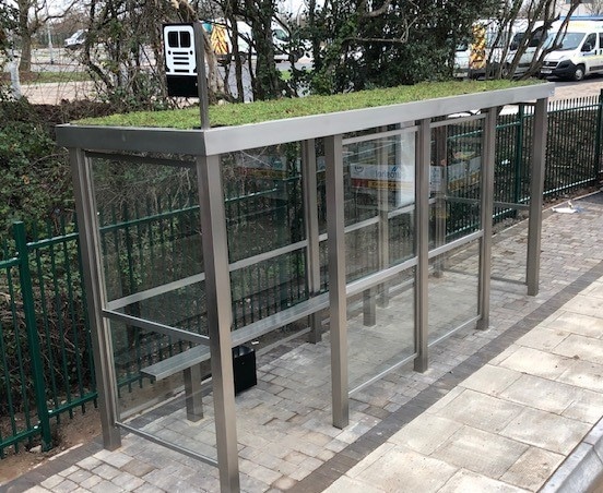 Photo of bus shelter with a living roof.