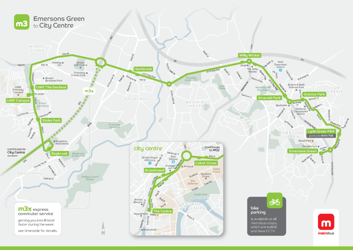 Route map of the m3 showing the service operates between Emersons Green and Bristol City Centre via the Science Park, Willy Wicket, Hambrook and UWE. Bike parking is available at all metrobus stops, which are well-lit and have CCTV.