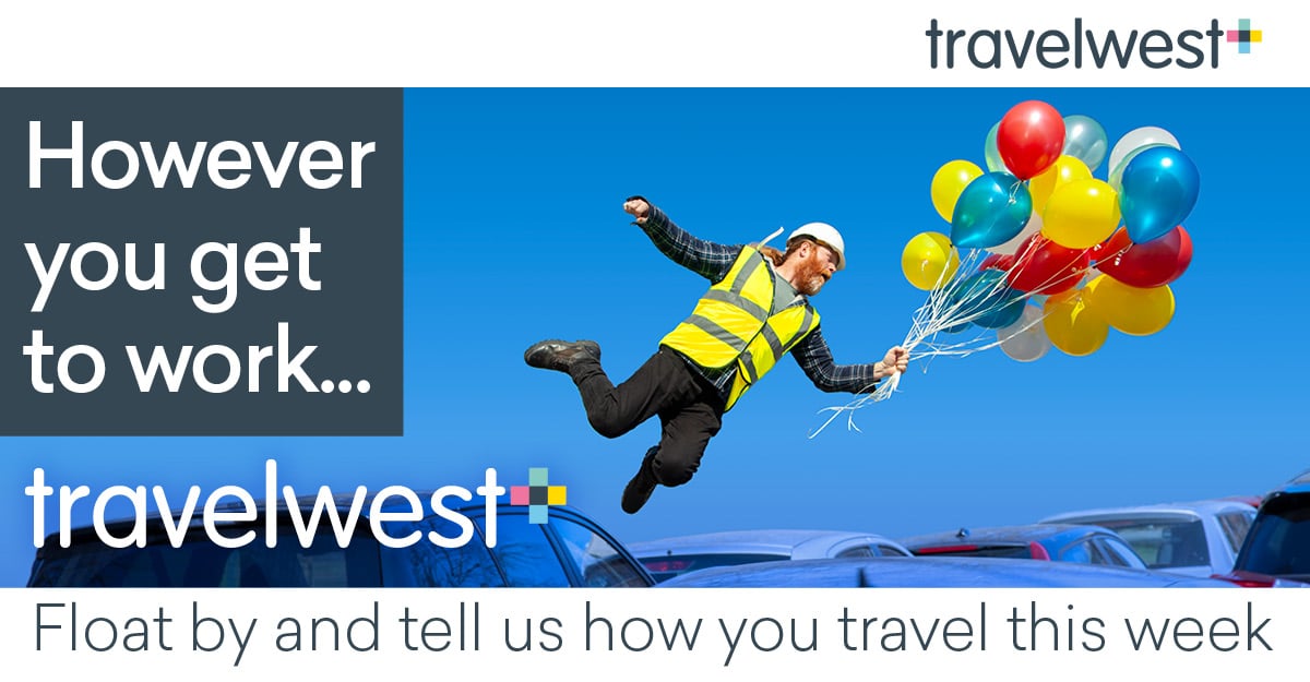 Man flying over traffic with balloons. However you get to work... travelwest. Float by and tell us how you travel this week.