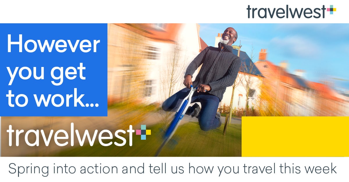 Man jumping on a pogo stick. However you get to work... travelwest. Spring into action and tell us how you travel this week.