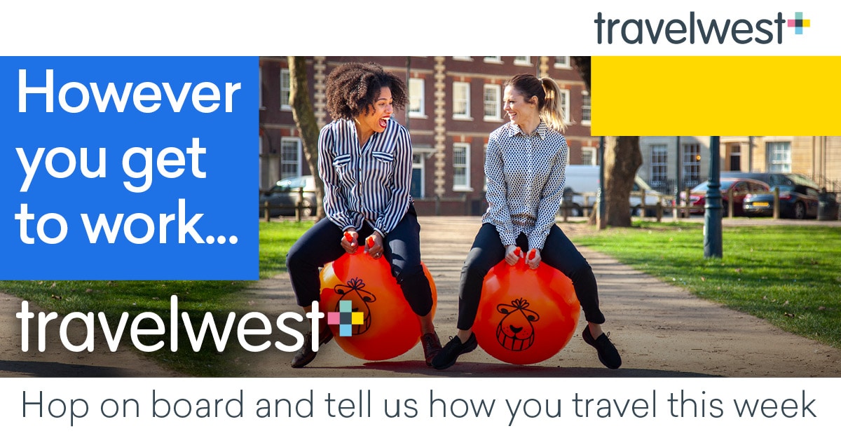 Two women jumping on space hoppers. However you get to work... travelwest. Hop on board and tell us how you travel this week.