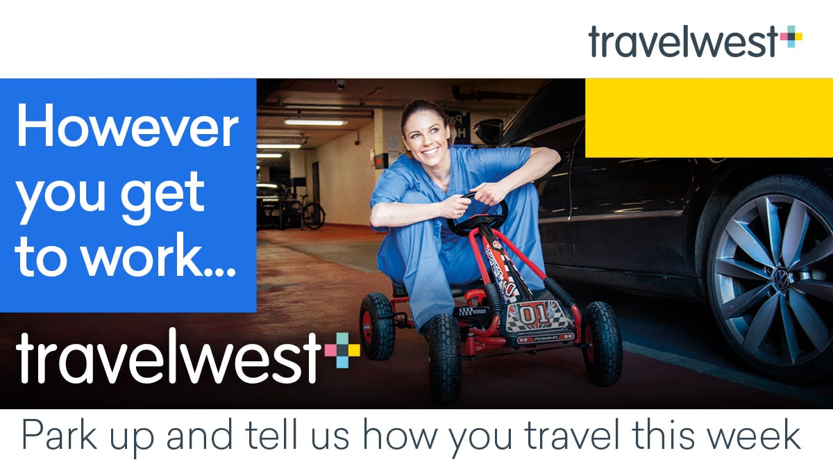Woman driving a race kart in a car park. However you get to work... travelwest. Park up and tell us how you travel this week.
