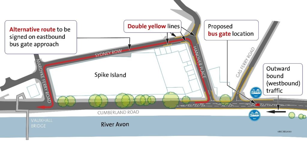 Map showing the alternative route around Spike Island, via Mardyke Ferry Road, Sydney Row and Handover Place.
