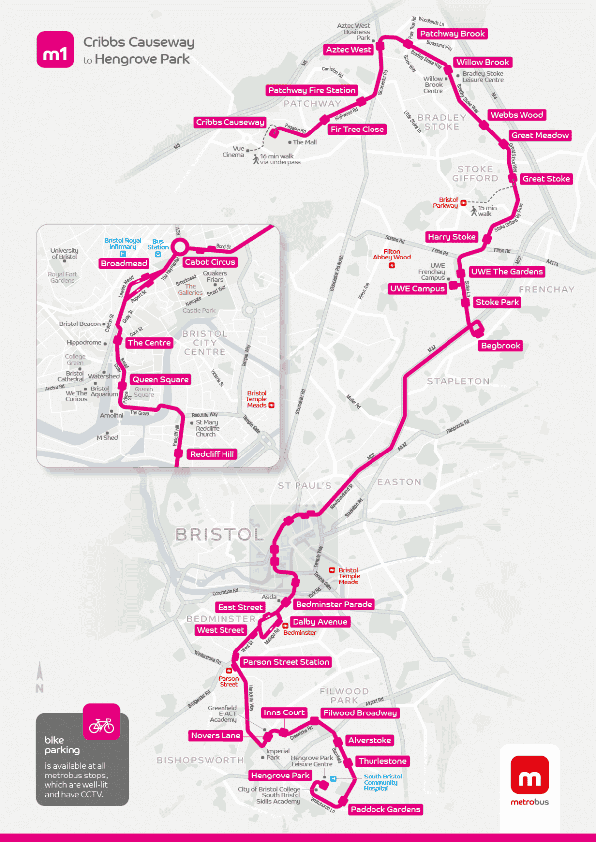 Route map of m1 service, operating between Cribbs Causeway to Hengrove Park via Patchway, UWE and Bristol City Centre. Bike parking is available at all metrobus stops, which are well-lit and have CCTV.