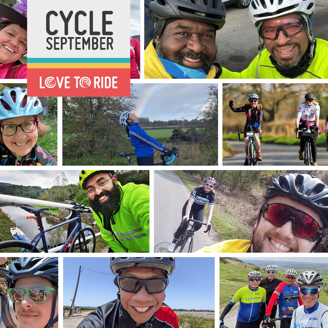 Cycle September. Love To Ride. collage of cyclists in different places.