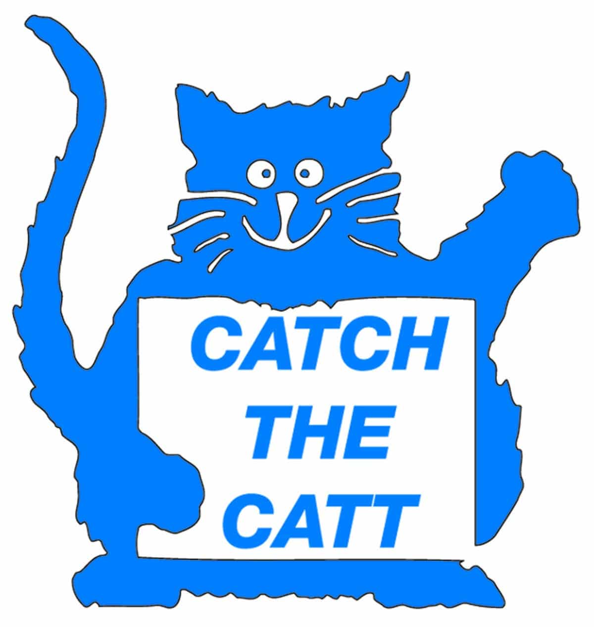 A blue cat holding a sign that reads Catch the CATT.