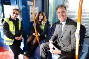 Metro Mayor Dan Norris on bus with two female drivers