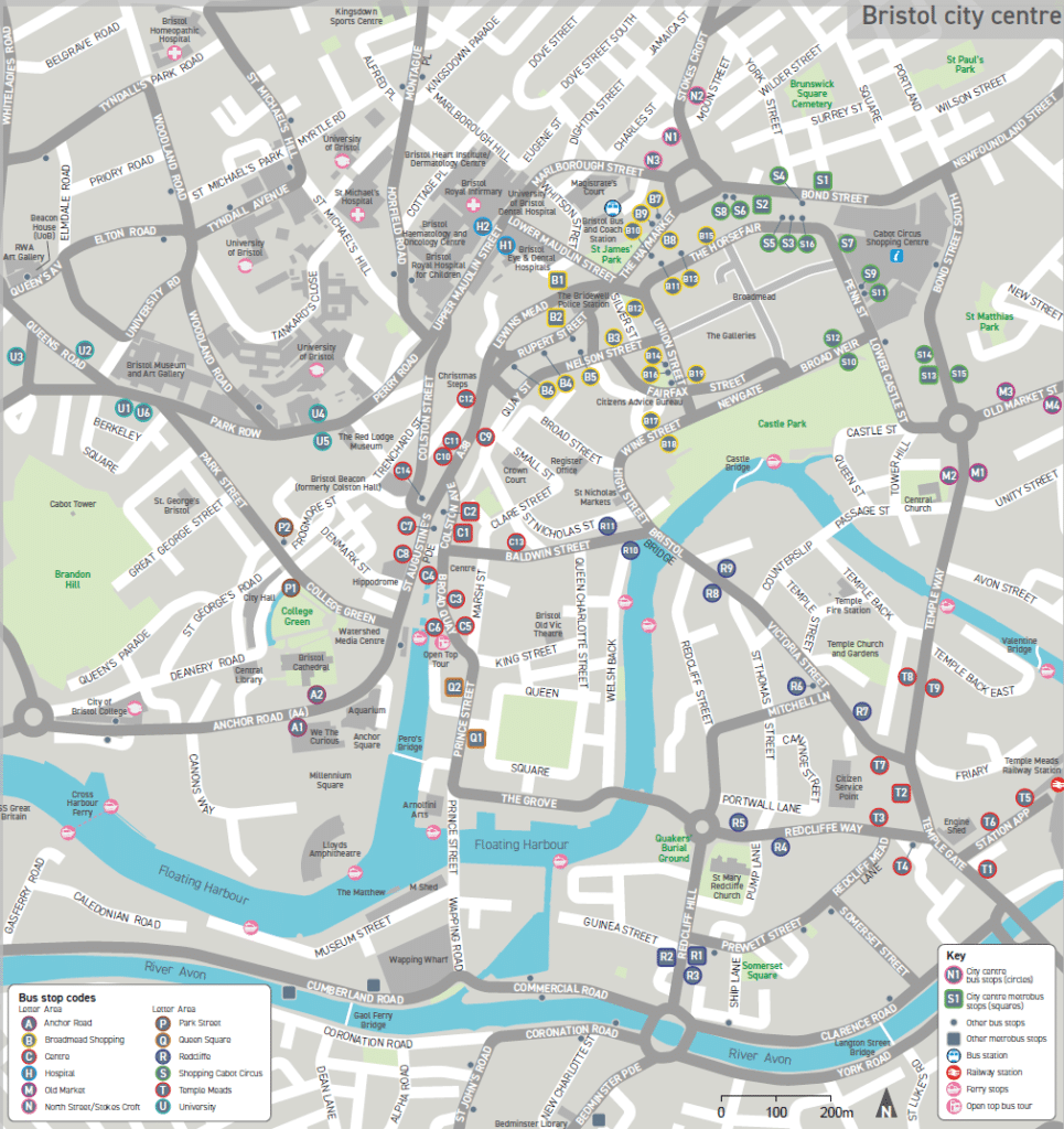 Above is a map of the alpha-numeric stops located in Bristol City Centre, Broadmead and the surrounding area.