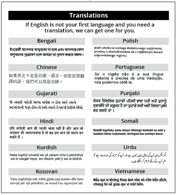 Translations. If English is not your first language and you need a translation, we can get one for you. Bengali; Polish; Chinese; Portuguese; Gujarati; Punjabi; Hindi; Somali; Kurdish; Urdu; Kosovan; Vietnamese.