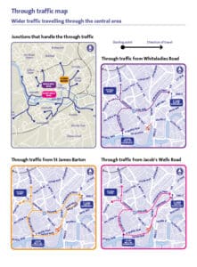 : Four maps showing the direction traffic can take to avoid travelling down Park Street and through College Green, including junctions that handle through traffic, through traffic from Whiteladies Road, Traffic from St James Barton Roundabout, and through traffic from Jacob’s Wells Road