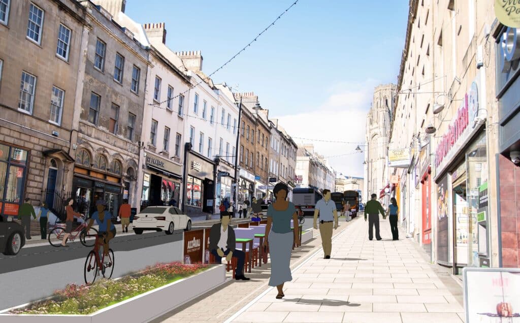 Artist’s impression of Park Street showing an extended pavement with planters and seating outside.