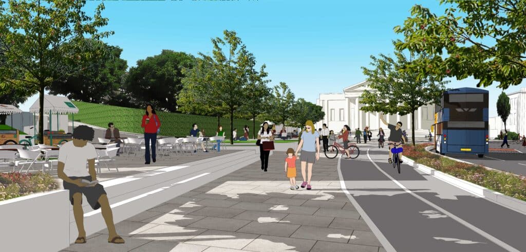 An artist’s impression showing the new public space on Queens Road with a wide pavement and a two-way segregated cycleway running towards the Victoria Rooms