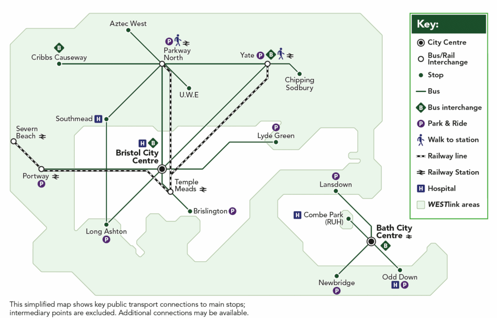 A map of the Park and Ride bus connections in the West of England
