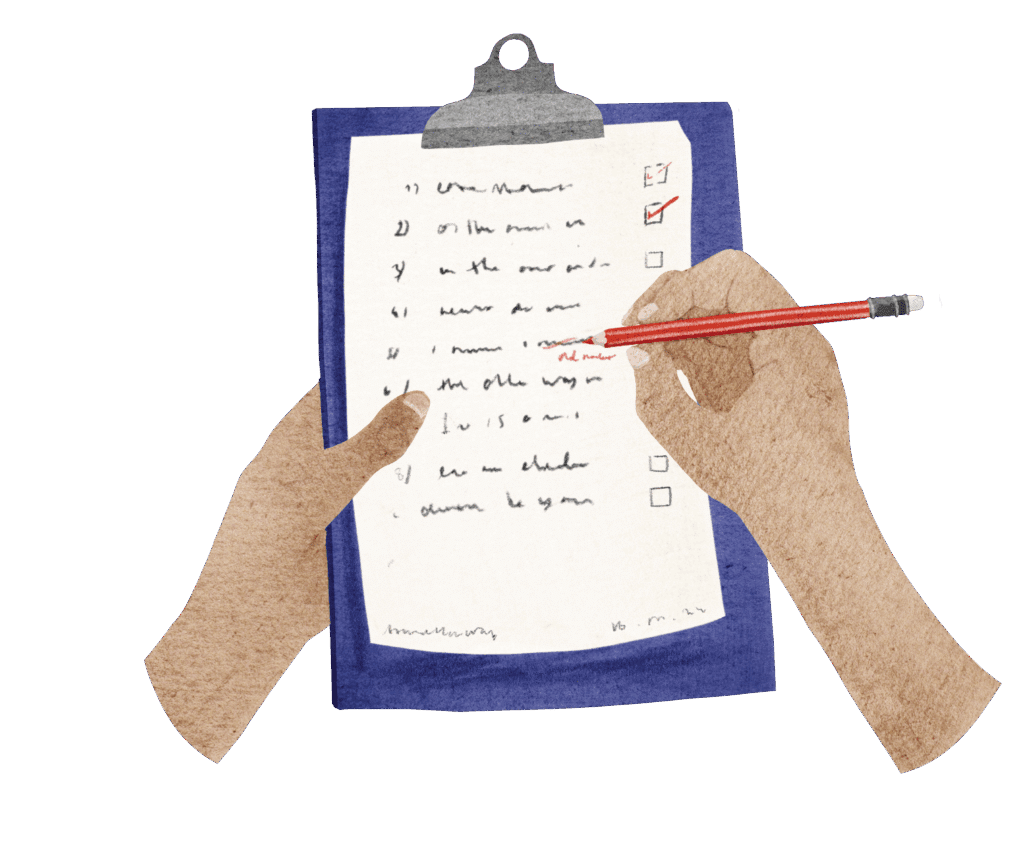 Illustration of a clipboard with a paper checklist showing several items, some checked off.