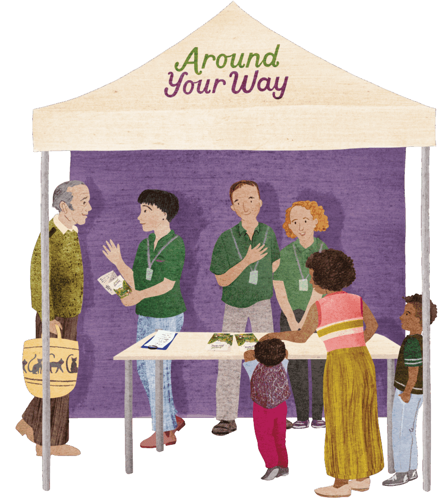 Illustration of a sustainable travel roadshow with people gathered around, visiting the stall and asking questions.