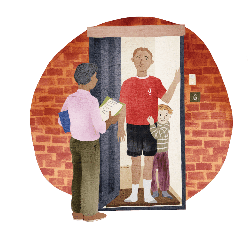 Illustration of a person conducting a doorstep travel survey, knocking on a front door while holding a clipboard and speaking to the residents.