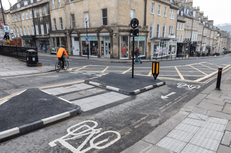 Picture of a junction in bath with a new cycle lane.
