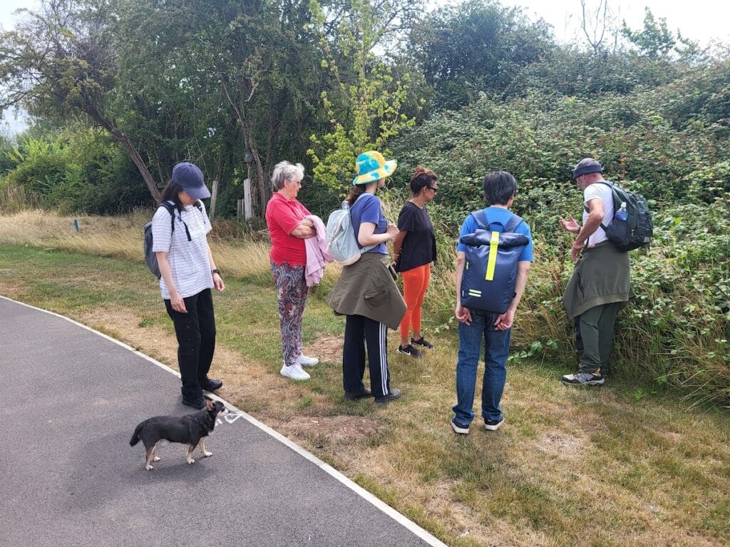 Photo of the walk leader discussing the plants and grasses in the hedgerow, with a small group of people gathered around